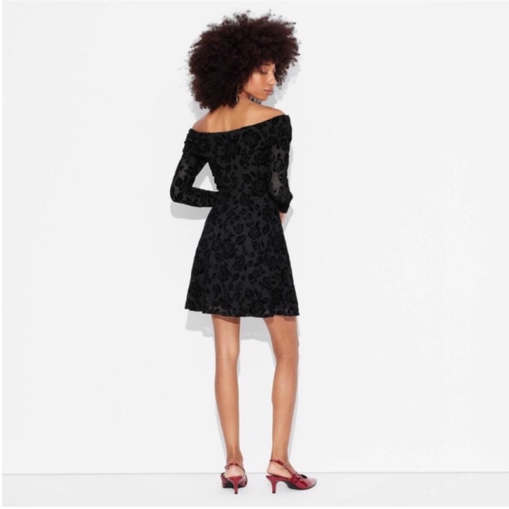 Wild Fable Black Flocked Off-Shoulder Fit and Flare Long Sheer Sleeve Mini Dress - Picture 3 of 10